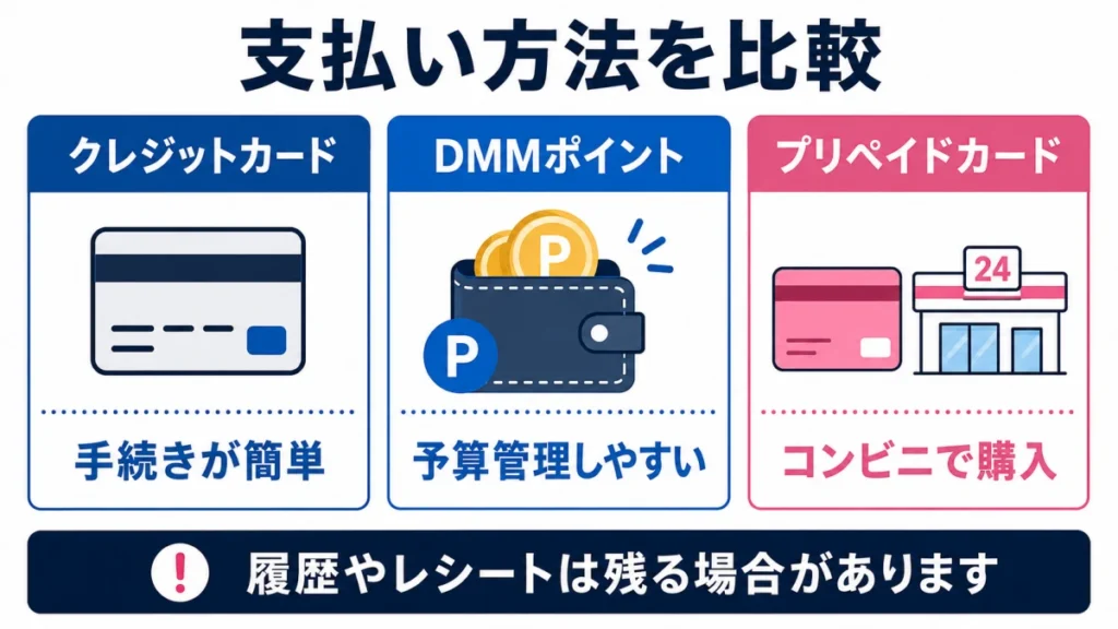 クレジットカード、DMMポイント、プリペイドカードの特徴を比較した図