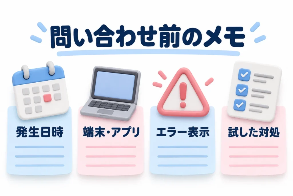 問い合わせ前に発生日時、端末とアプリ、エラー表示、試した対処を記録する図