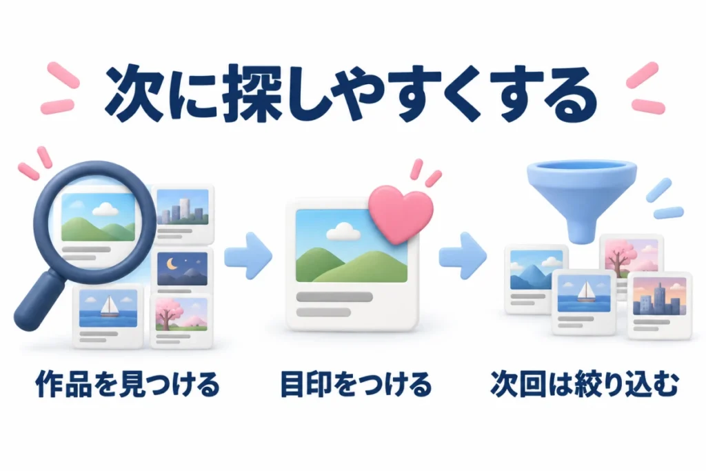 作品を見つけたら目印をつけ、次回は絞り込んで探す3段階の流れ