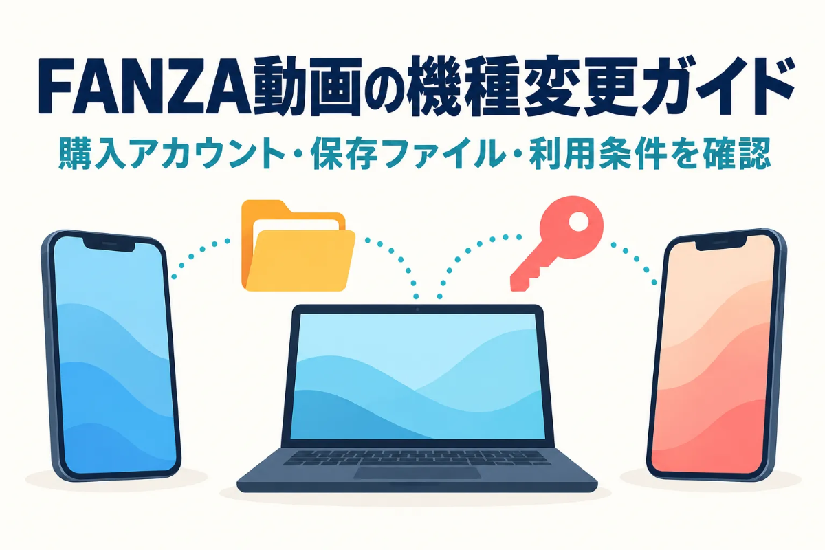 スマートフォンとPC、鍵とフォルダーで示したFANZA動画の機種変更ガイド