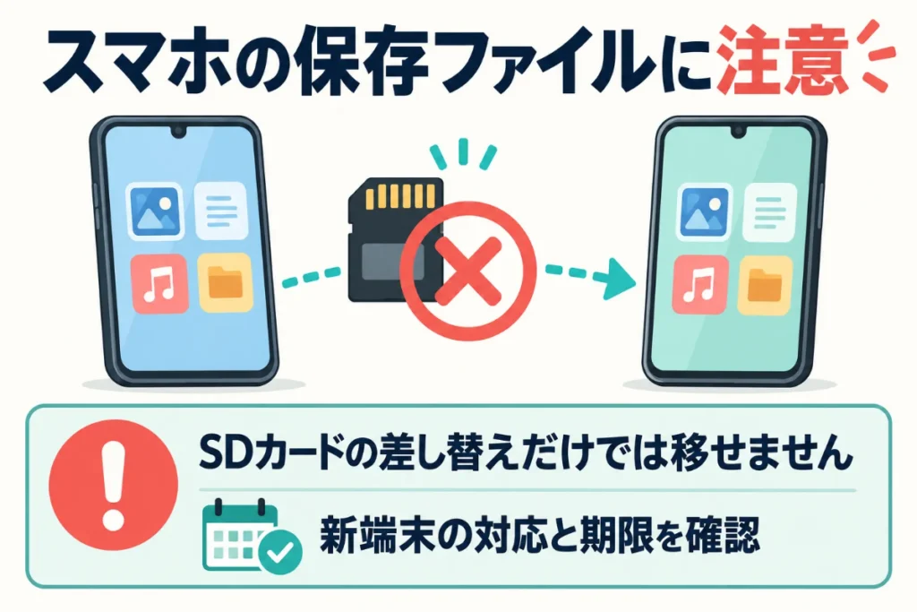 SDカードの差し替えだけでは保存動画を移せず、新端末の対応と期限を確認する図