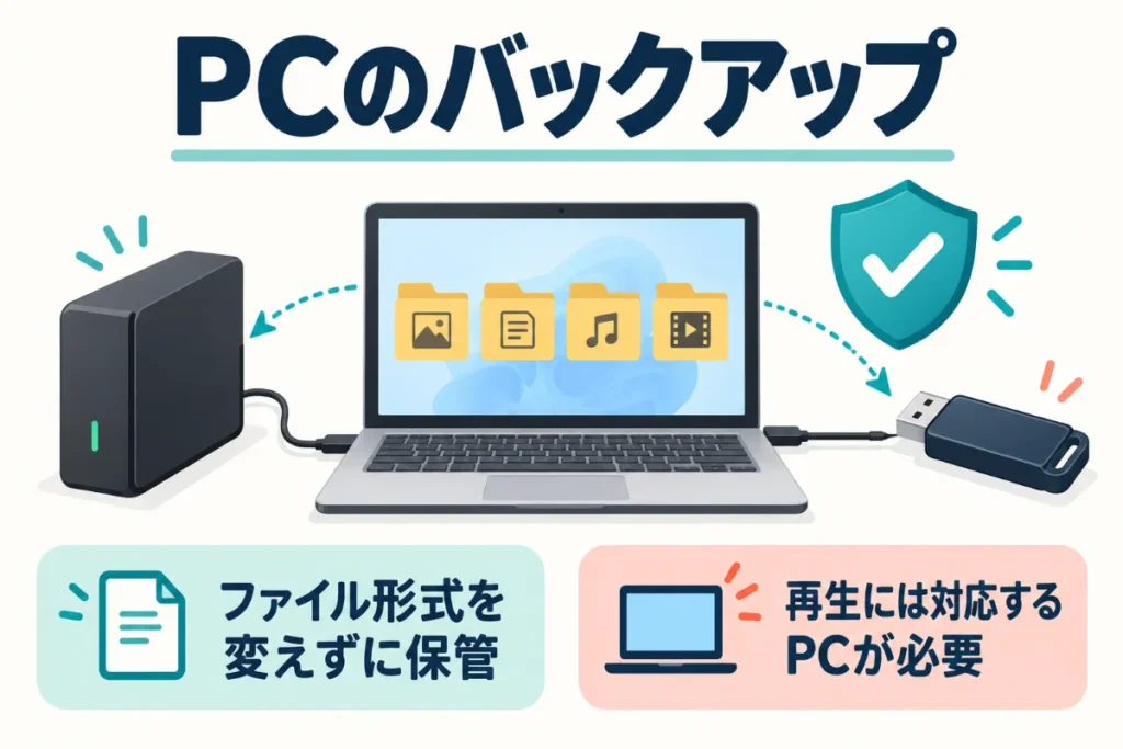 PCの動画ファイルを形式を変えずに保管し、対応するPCで再生するバックアップの図